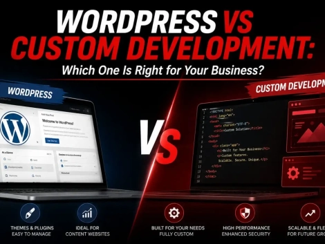 WordPress vs custom development comparison for business website needs, performance, scalability, and flexibility.
